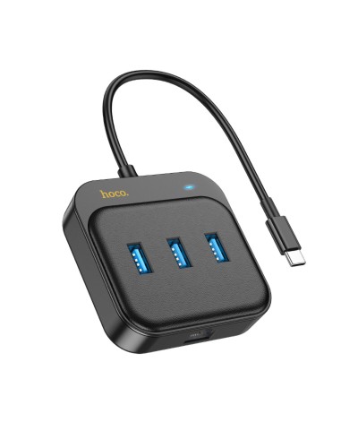 Хаб HOCO HB35 Easy link 4-in-1 Gigabit Ethernet Adapter(Type-C to USB3.0*3+RJ45)(L=0.2M) Black (6931474799005 )