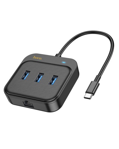 Хаб HOCO HB35 Easy link 4-in-1 Gigabit Ethernet Adapter(Type-C to USB3.0*3+RJ45)(L=0.2M) Black (6931474799005 )