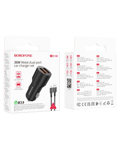 Автомобільний зарядний пристрій BOROFONE BZ19B Wisdom 36W dual port QC3.0 car charger set(Micro) Black (6941991101502)