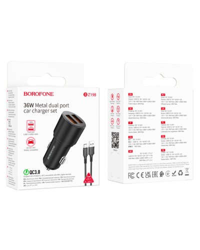 Автомобільний зарядний пристрій BOROFONE BZ19B Wisdom 36W dual port QC3.0 car charger set(Type-C) Black (6941991101533)