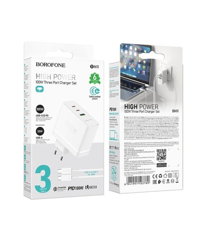 Мережевий зарядний пристрій BOROFONE BN11 Imperial PD100W three-port(2C1A) charger set(Type-C to Type-C) White (6941991103780)