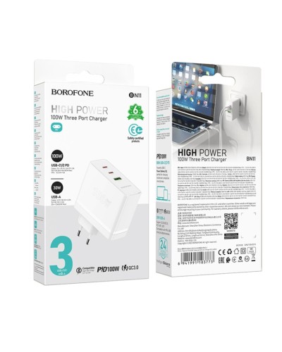 Мережевий зарядний пристрій BOROFONE BN11 Imperial PD100W three-port(2C1A) charger White (6941991103773)