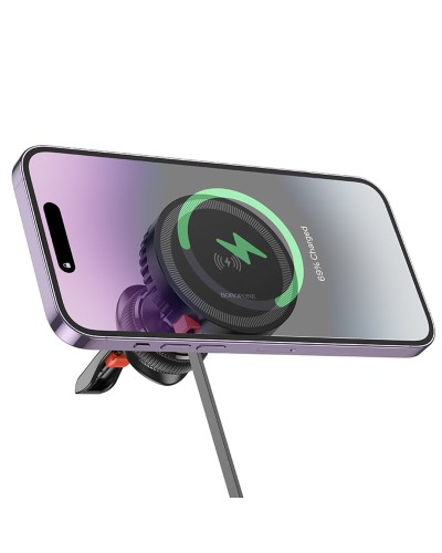 Тримач для мобiльного з БЗП BOROFONE BH207 Mona retractable magnetic wireless fast charging car holder(air outlet) Black (6941991108617)