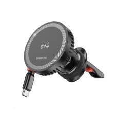 Тримач для мобiльного з БЗП BOROFONE BH207 Mona retractable magnetic wireless fast charging car holder(air outlet) Black (6941991108617)