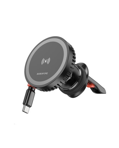 Тримач для мобiльного з БЗП BOROFONE BH207 Mona retractable magnetic wireless fast charging car holder(air outlet) Black (6941991108617)