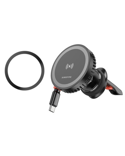 Тримач для мобiльного з БЗП BOROFONE BH207 Mona retractable magnetic wireless fast charging car holder(air outlet) Black (6941991108617)