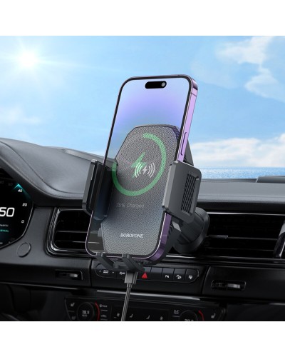 Тримач для мобiльного з БЗП BOROFONE BH213 Adelante wireless fast charging car holder(air outlet) Black (6941991109775)