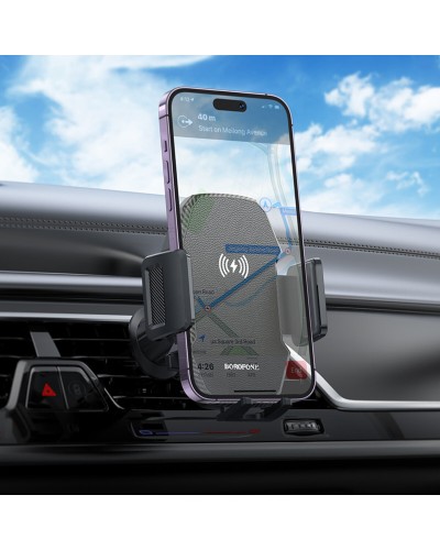 Тримач для мобiльного з БЗП BOROFONE BH213 Adelante wireless fast charging car holder(air outlet) Black (6941991109775)