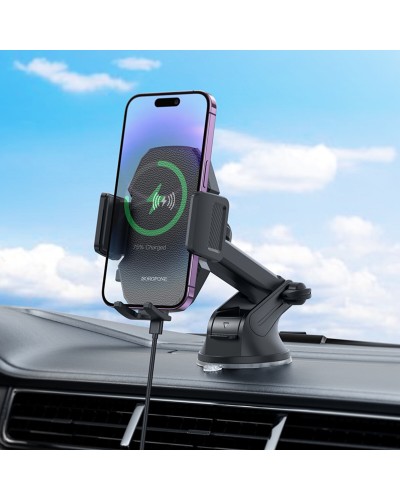 Тримач для мобiльного з БЗП BOROFONE BH214 Adelante wireless fast charging car holder(center console) Black (6941991109782)