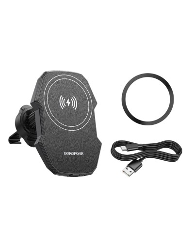 Тримач для мобiльного з БЗП BOROFONE BH215 Adelante magnetic wireless fast charging car holder(air outlet) Black (6941991109799)