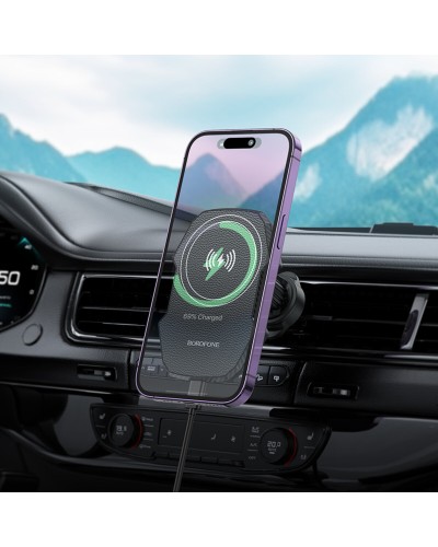 Тримач для мобiльного з БЗП BOROFONE BH215 Adelante magnetic wireless fast charging car holder(air outlet) Black (6941991109799)