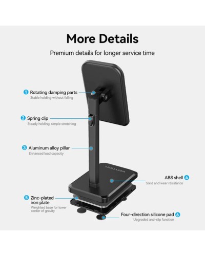 Тримач для телефону Height Adjustable Desktop Cell Phone Stand Black Aluminum Alloy Type (KCQB0) (KCQB0)