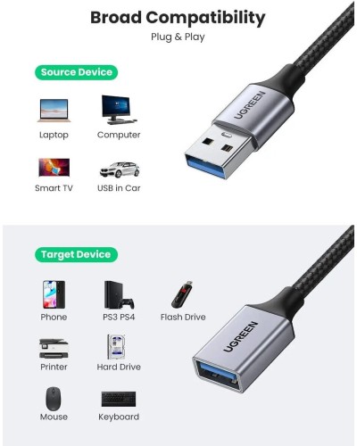 Кабель UGREEN US115 USB 3.0 Extension Cable Aluminum Case 0.5m (Black)(UGR-10494) (UGR-10494)