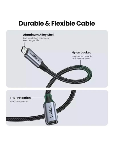 Кабель UGREEN US372 USB-C Male to USB-C Female Gen2 Alu Case Braided Extension Cable 1m (Space Gray)(UGR-30205) (UGR-30205)