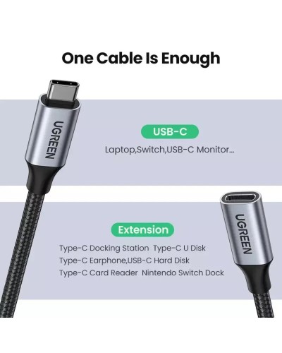 Кабель UGREEN US372 USB-C Male to USB-C Female Gen2 Alu Case Braided Extension Cable 1m (Space Gray)(UGR-30205) (UGR-30205)