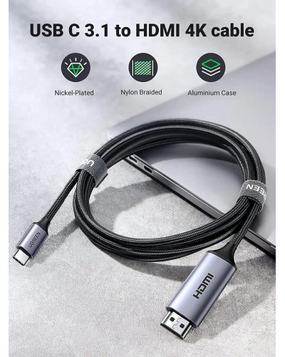 Кабель UGREEN MM142 USB-C to HDMI Male to Male Cable Aluminum Shell 1.5m (Gray Black)(UGR-50570) (UGR-50570)