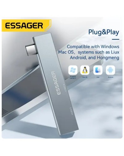 USB-hub ESSAGER (opp bag) Fengyang  3 in 1 Splitter Silver (EHBC03-FY10-P)