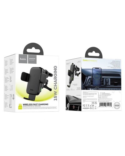 Тримач для мобільного з БЗП HOCO HW10 Jenny three-axis linkage wireless fast charging car holder(air outlet) Black (6942007611480)