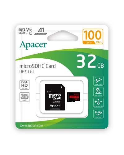 microSDHC (UHS-1) Apacer 32Gb class 10 V10 A1 R100MB/s (adapter SD) (AP32GMCSH10UB-R)