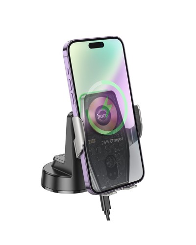 Тримач для мобільного з БЗП HOCO HW27 Traveler infrared RGB wireless fast charging car holder(center console) Black metal gray (6942007626361)