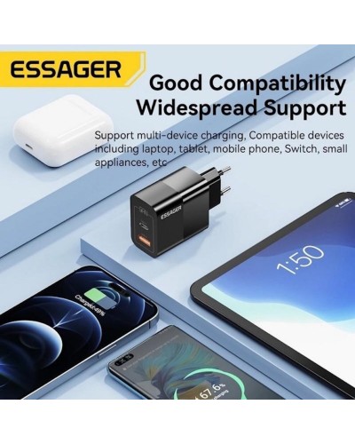 Зарядний пристрій ESSAGER ECT33W Gan 1USB 1T-C 33W black (ECT33W-LJB01-Z)