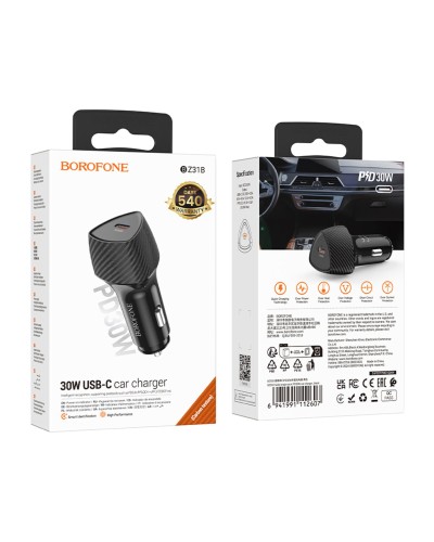 Автомобільний зарядний пристрій BOROFONE BZ31B Solid single-port PD30W car charger Black (6941991112607)