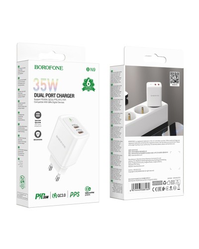 Мережевий зарядний пристрій BOROFONE BN9 Reacher PD35W dual port(2C) charger(EU) White (6974443388169)