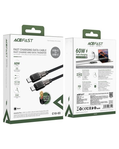 Кабель ACEFAST C10-03 Type-C to Type-C 3A, 60W, 1.2m, silicone, zinc connectors, Black (6974316283119)