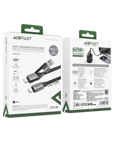 Кабель ACEFAST C13-05 USB/Type-C to Type-C 3A, 0.2m, nylon, zinc connectors, Black (6974316283539)