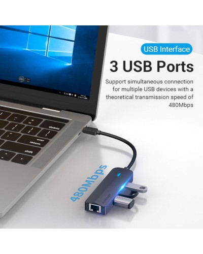 Хаб Vention USB-C to USB 2.0*3/RJ45/Micro-B HUB 0.15M Black ABS Type (TGOBB)