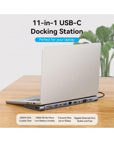 Хаб Vention Multi-function USB-C to HDMI/VGA/USB-C Gen 1/USB 3.0x2/USB 2.0/RJ45/SD/TF/TRRS 3.5mm/PD Docking Station 0.25m (THTHC)