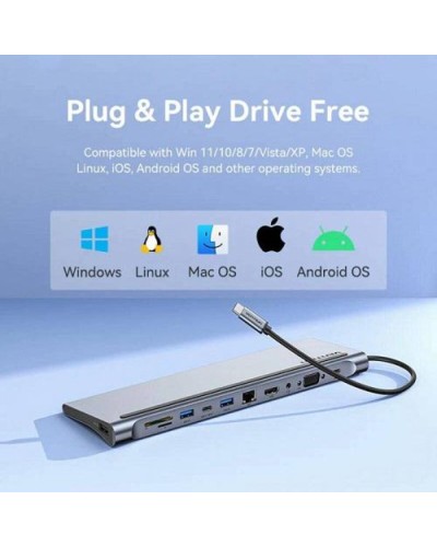 Хаб Vention Multi-function USB-C to HDMI/VGA/USB-C Gen 1/USB 3.0x2/USB 2.0/RJ45/SD/TF/TRRS 3.5mm/PD Docking Station 0.25m (THTHC)