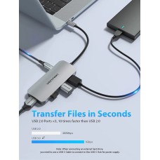 Хаб Vention USB-C to HDMI/USB 3.0x3/SD/TF/PD Docking Station Gray 0.15M Aluminum Alloy Type (TOJHB)