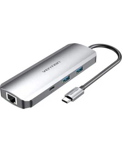 Хаб Vention Multi-function USB-C to HDMI/USB-C Gen 1/USB3.0x2/RJ45/SD/TF/TRRS 3.5mm/PD Docking Station 0.15M Gray Aluminum (TOMHB)