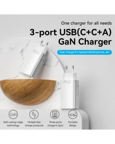 Зарядний пристрій Vention 3-port USB(C+C+A) GaN Charger(65W/30W/30W) EU-Plug White (FEDW0-EU)