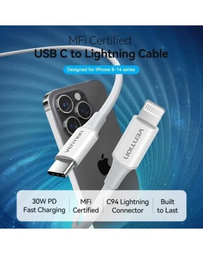 USB 2.0 Type-C Male to Lightning Male 3A Cable 1M White PVC Type (LAKWF)