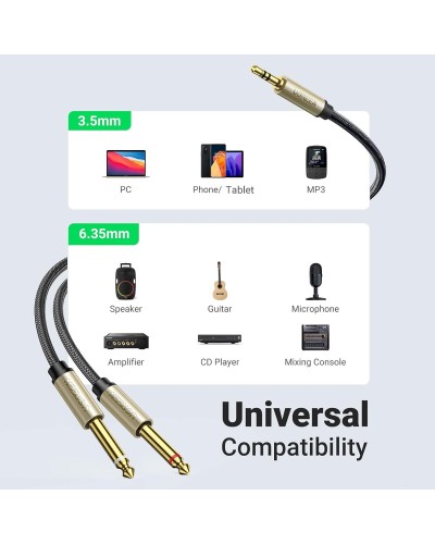 Аудіо кабель UGREEN 3.5mm TRS to Dual 6.35mm TS Audio Cable 1m (Gray) (UGR-10613)