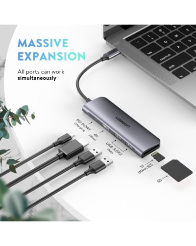 Хаб UGREEN USB-C to 2 Ports USB3.0-A Hub + HDMI + TF/SD с PD Power Supply (Space Gray) (UGR-70411)