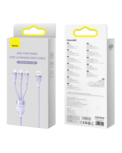 Кабель Baseus Flash Series Ⅱ One-for-three Fast Charging Data Cable USB to M+L+C 66W 1.2m Purple (CASS040005)