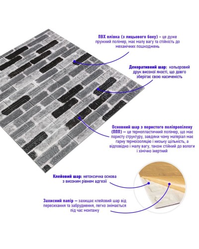 Самоклеюча 3D панель під сіру цеглу катеринослав 700х770х3мм (342-3) SW-00001147