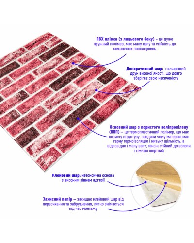 Самоклеюча 3D панель цегла клінкер насичений червоний 700х700х5мм (416) SW-00001182