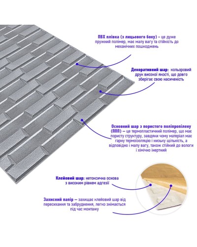 Самоклеюча 3D панель кладка срібло 19600x700x5мм SW-00001365