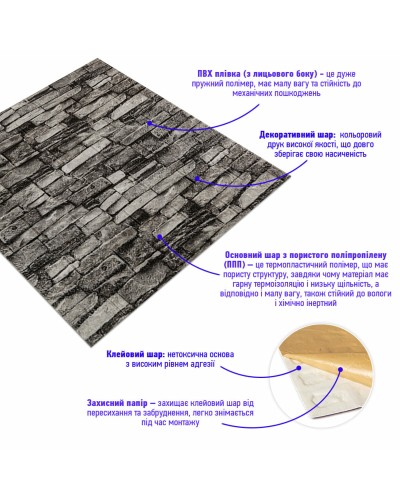 Самоклеюча 3D панель під камінь сірий піщаник 700x770x3мм (59-3) SW-00001481