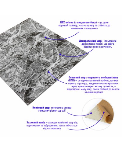 Самоклеюча декоративна 3D панель камінь чорно-білий мармур 700х700х7мм (154) SW-00000219