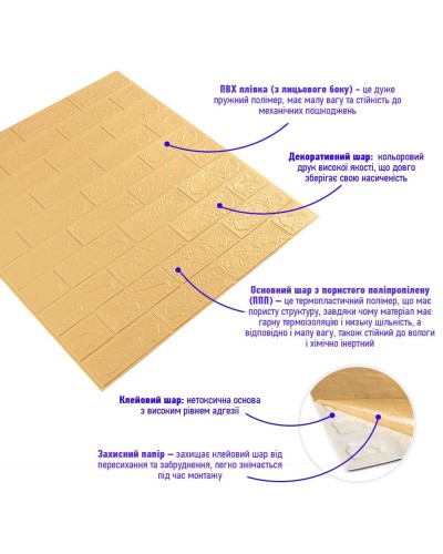 3D панель самоклеюча цегла Жовто-пісочна 700х770х3мм (009-3) SW-00000229