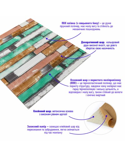 Самоклеюча декоративна 3D панель м'ятне дерево 700x700x5мм (057) SW-00000238