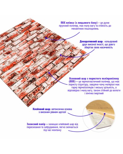 Декоративна 3D панель самоклейка під цеглу Червоно-Біла 700х770х4мм (341) SW-00000533