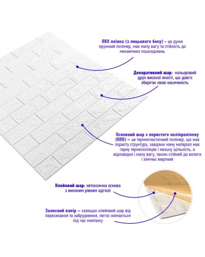3D панель самоклеюча цегла Білий 700х770х5мм (001-5) SW-00000029