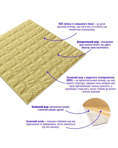 3D панель самоклеюча цегла Жовто-пісочна 700x770x7мм (009-7) SW-00000046