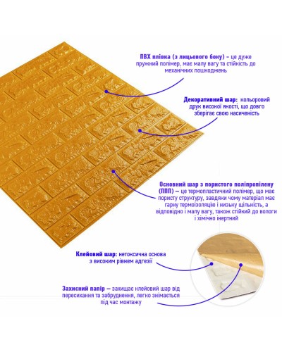 3D панель самоклеюча цегла Золотий 700х770х7мм (011-7) SW-00000052